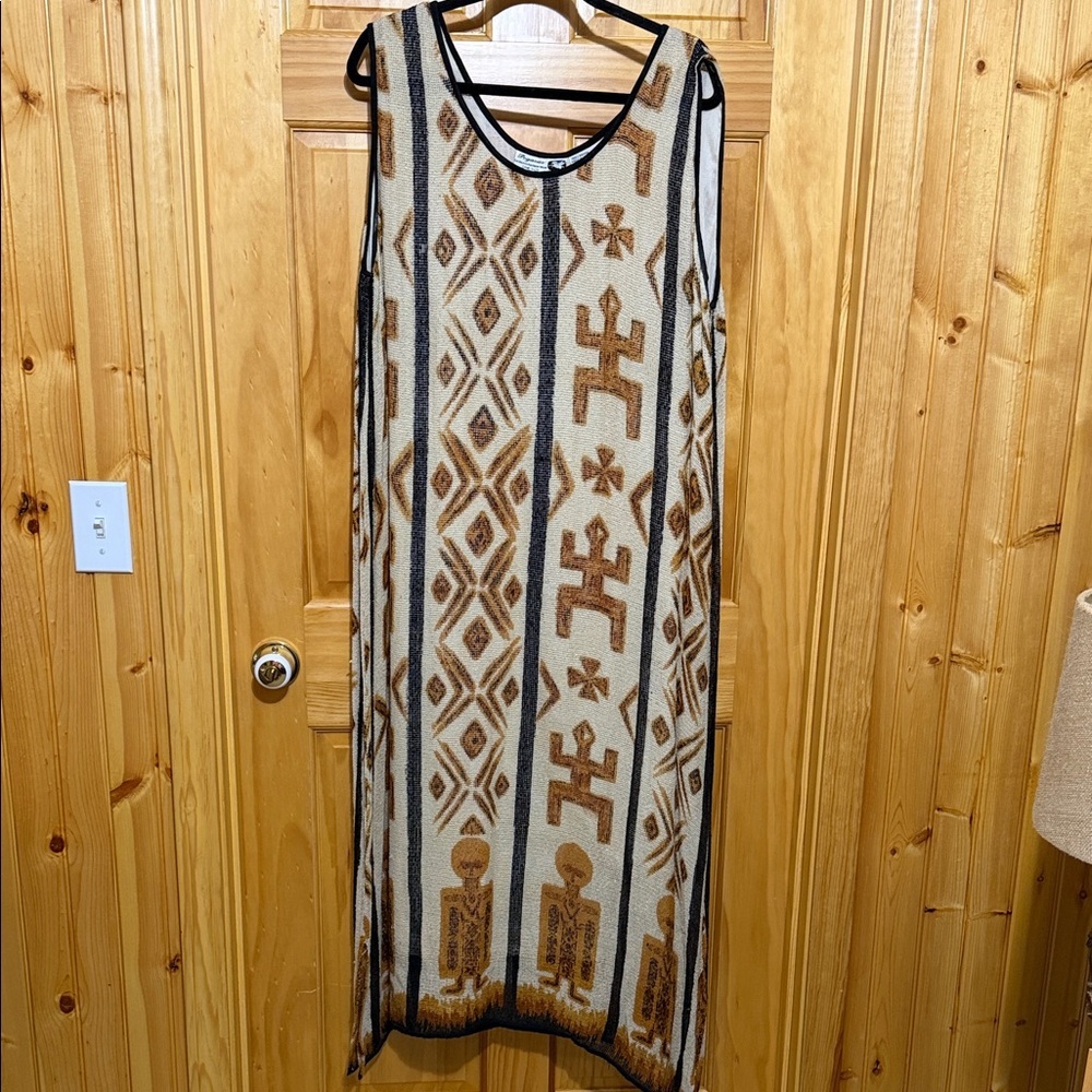 Pegasus Sleeveless Cream, Black & Brown Tribal Print Maxi Shift Dress, OSFA.
